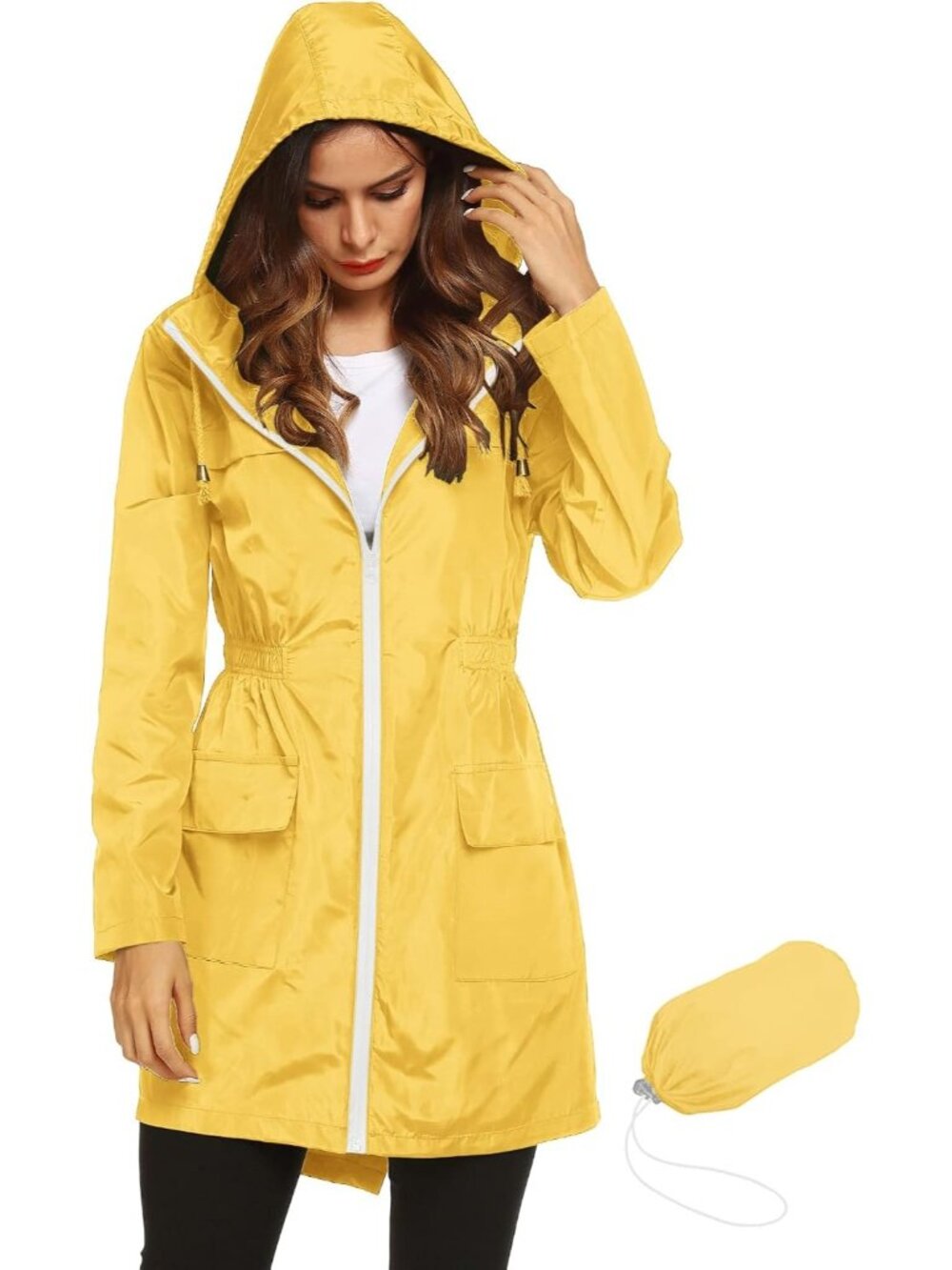 Women's Yellow Packable Hooded Lightweight Active Waterproof Trench Rain Coat